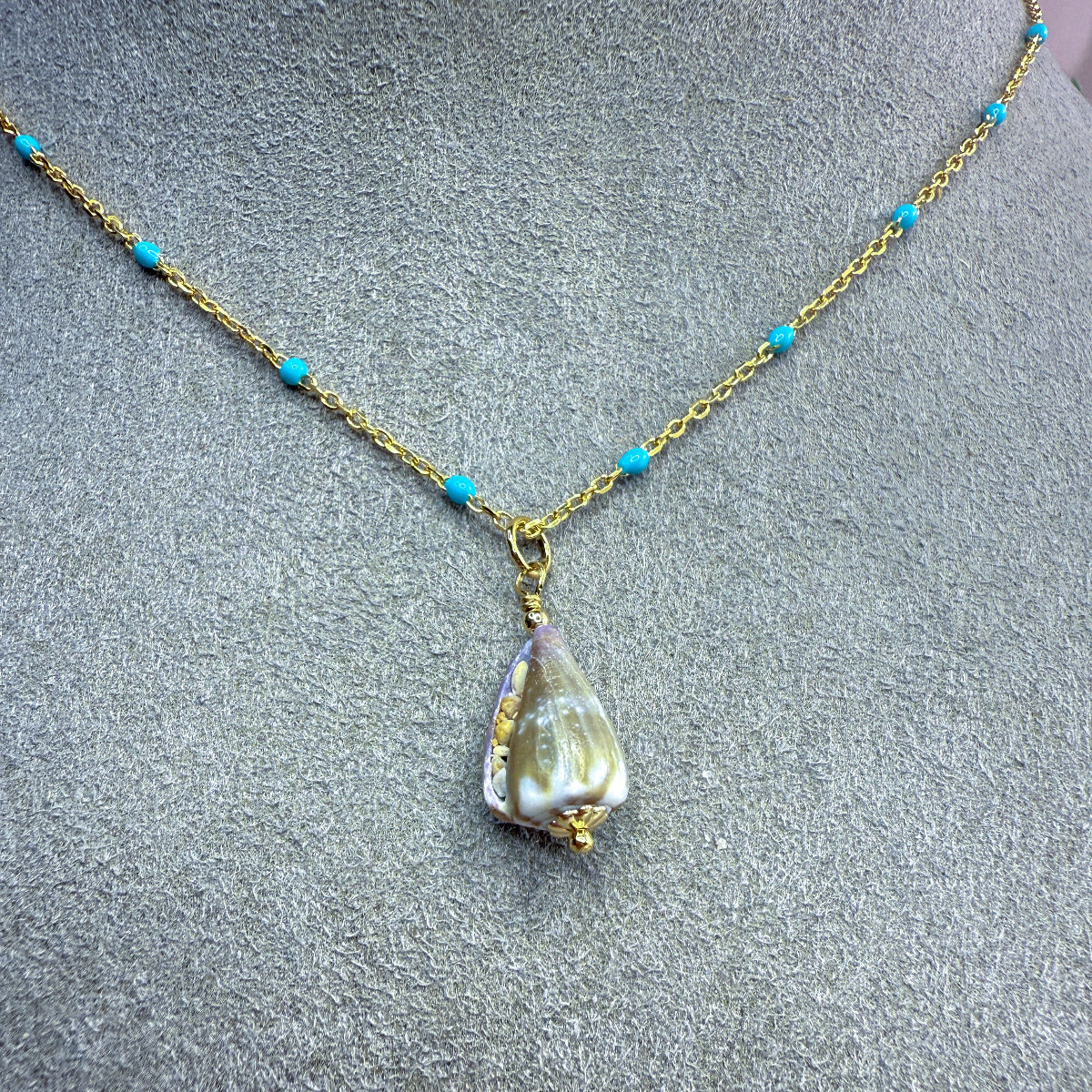 Turquoise Enamel Chain with Removable Shell Pendant