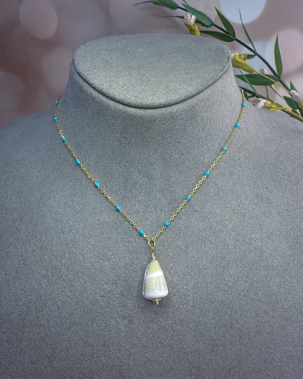 Turquoise Enamel Chain with Removable Shell Pendant