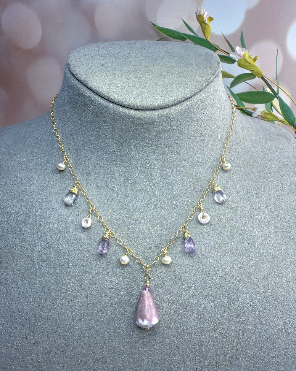 Purple cone shell, Puka shell, Amethyst & pearl necklace