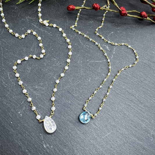 Blue Topaz & Rainbow Moonstone Necklaces