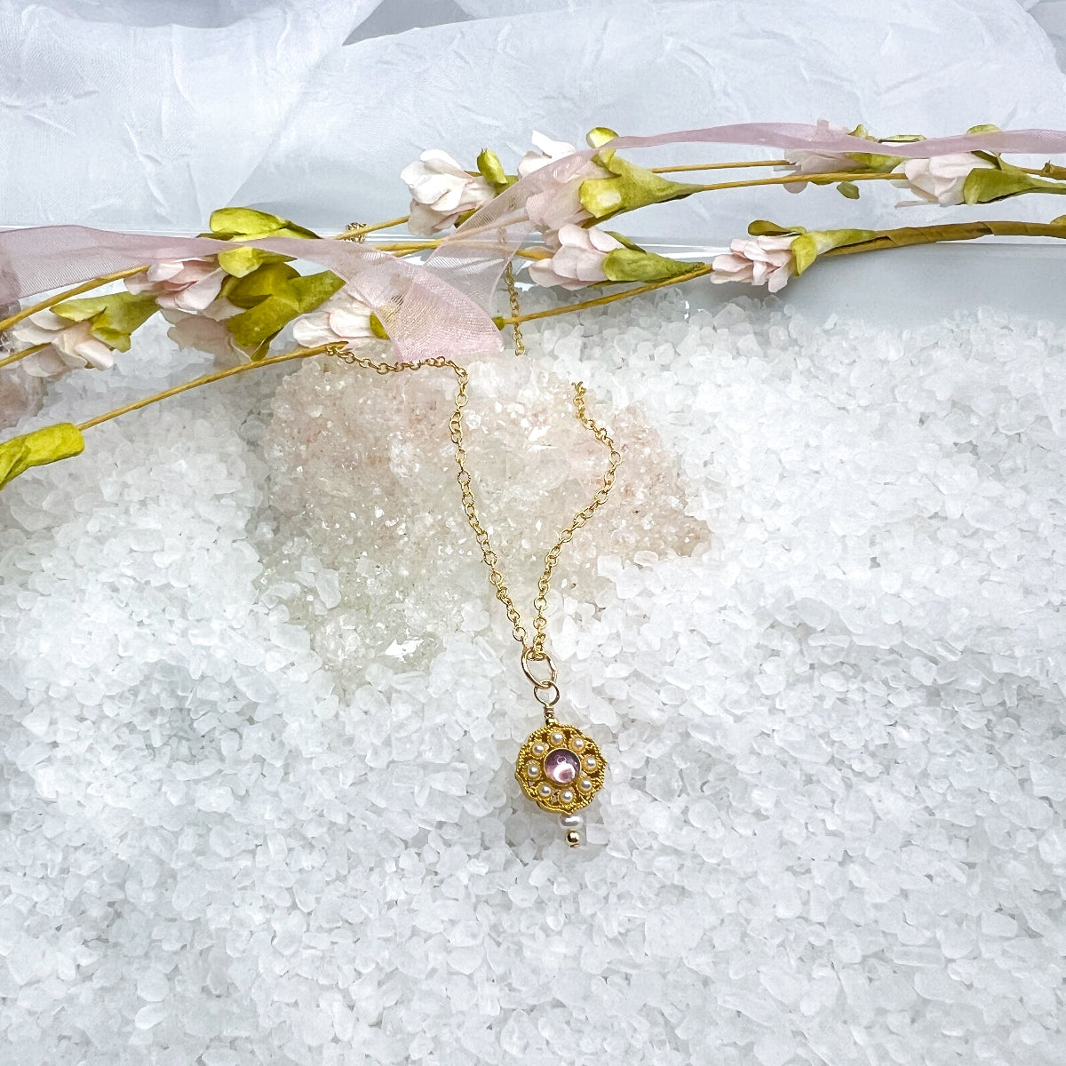 Pink Tourmaline & Freshwater Pearl Flower Pendant Necklace