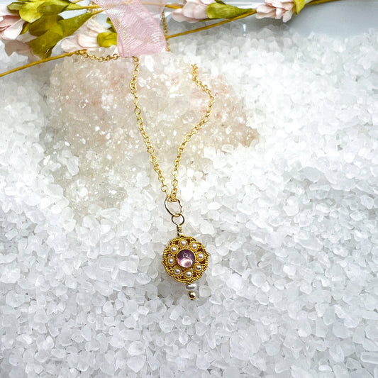 Pink Tourmaline & Freshwater Pearl Flower Pendant Necklace