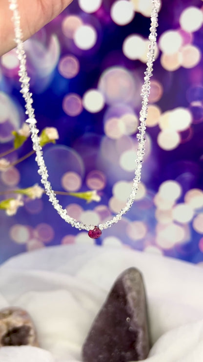 Berry Rubellite Tourmaline & Herkimer Diamond Necklace