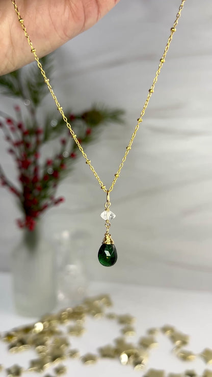 Green Tourmaline & Herkimer Necklace & Earrings