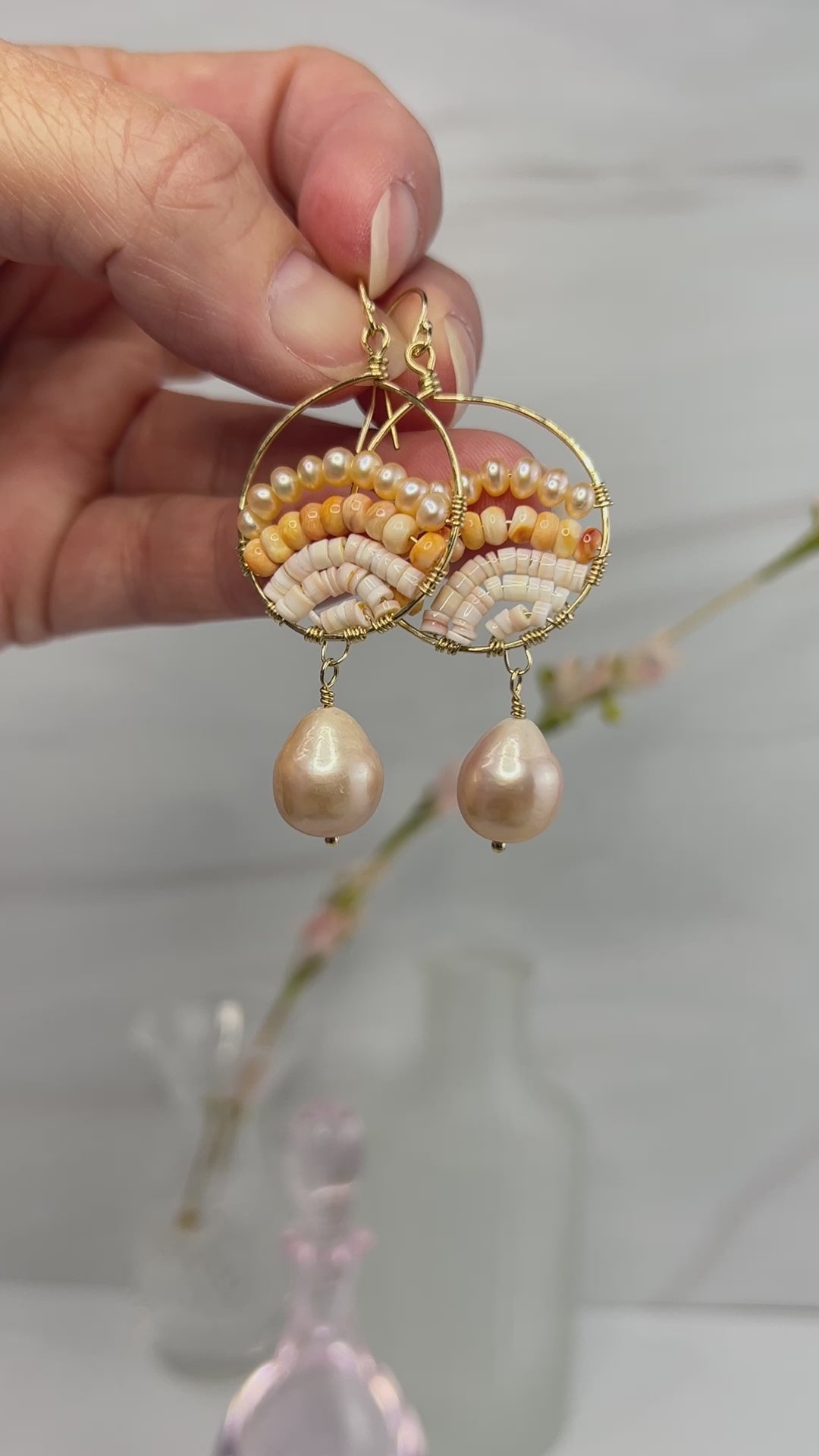 Hand wrapped peach Shell & Baroque pearl earrings