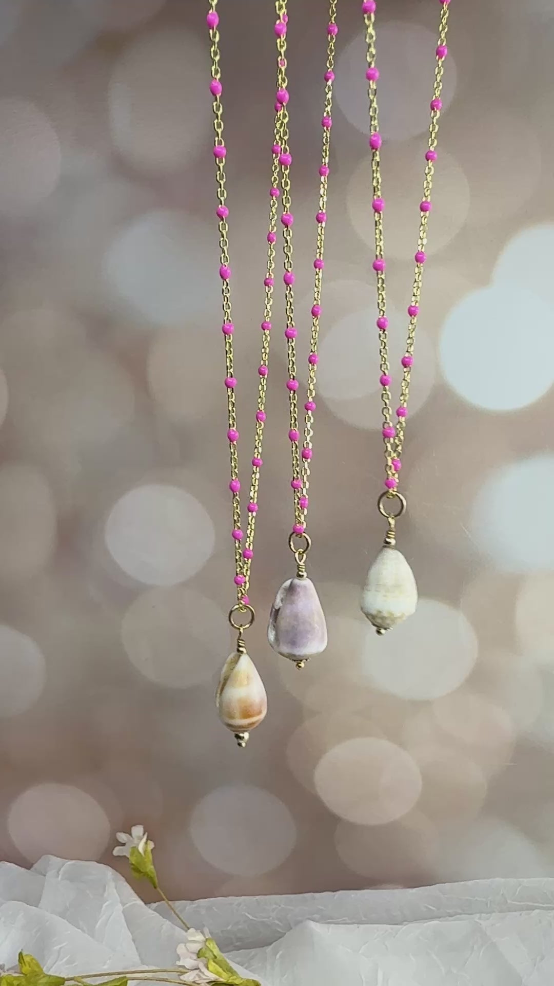 Bright Pink Enamel Chain with Removable Shell Pendant