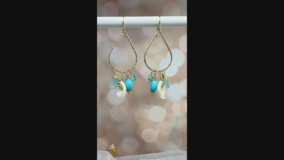Puka, Chalcedony, Turquoise hammered teardrop hoop earrings