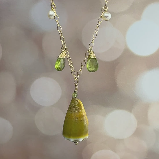 Green Cone Shell Necklace with Peridot & Pearls