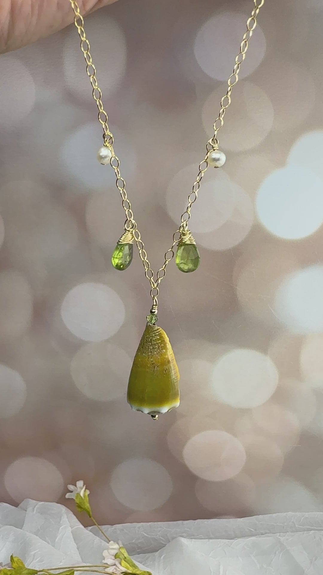 Green Cone Shell Necklace with Peridot & Pearls