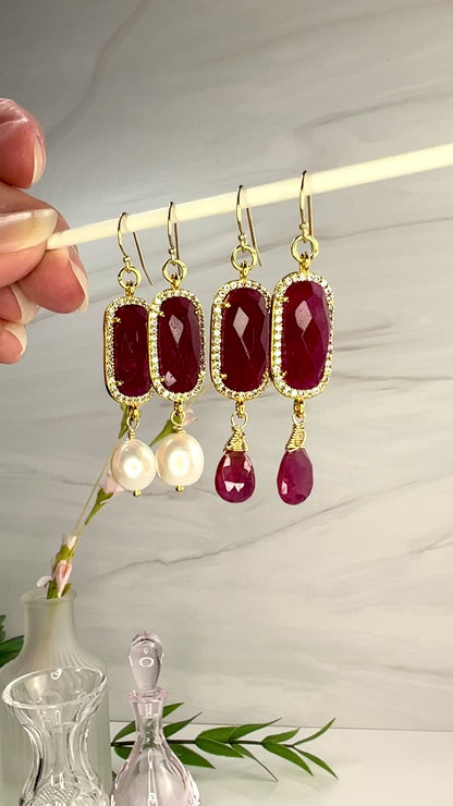 Ruby, CZ & Pink Sapphire Drop Earrings