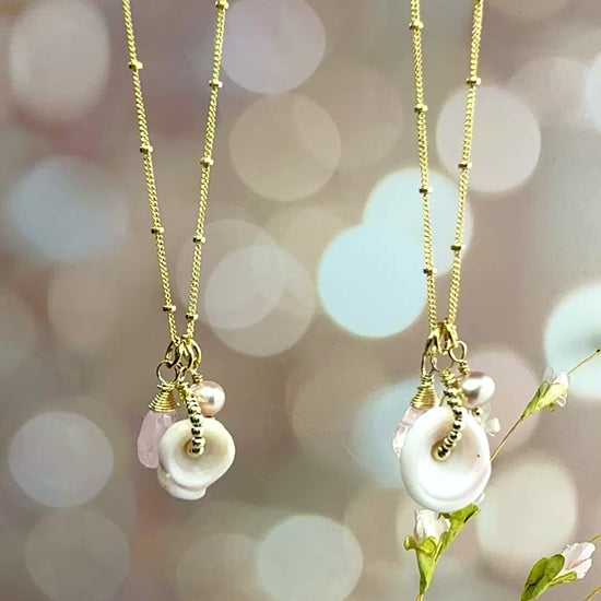 Puka, Morganite & pink pearl necklace. Sumer jewelry Shell jewelry