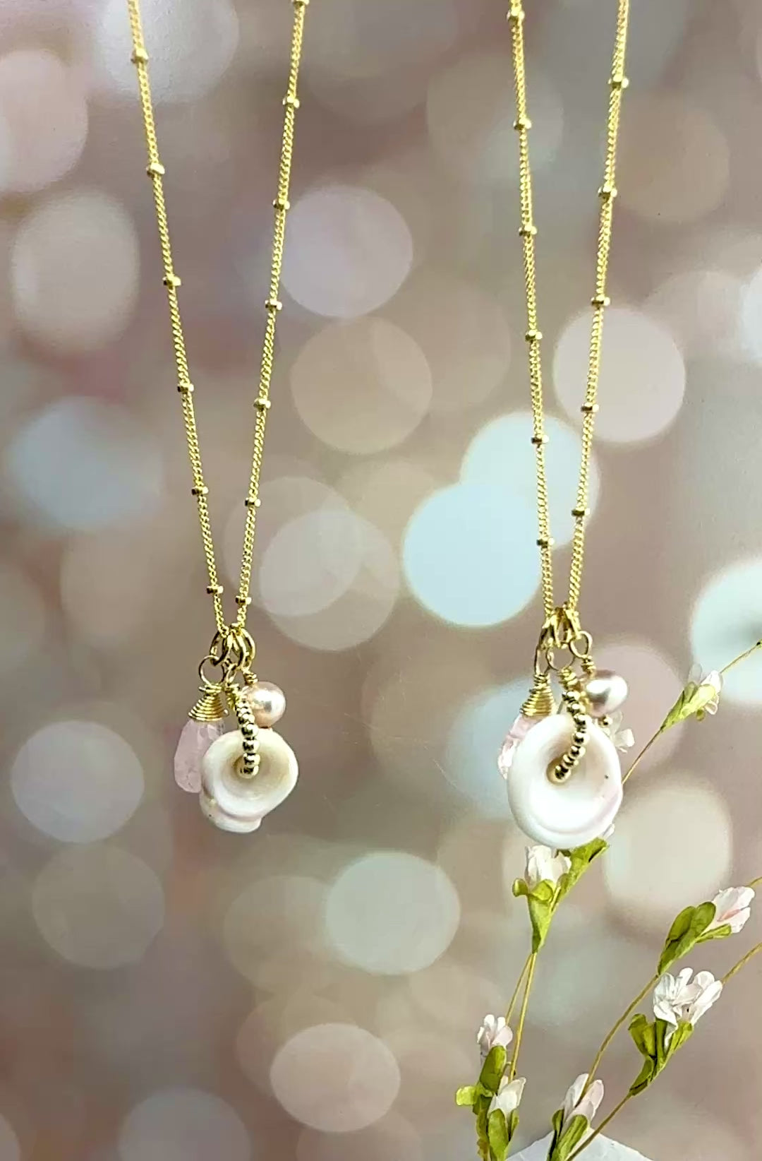 Puka, Morganite & pink pearl necklace. Sumer jewelry Shell jewelry