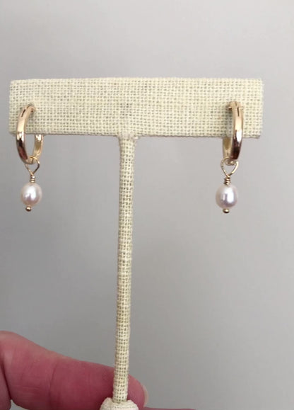 Gold Filled Hoop Earrings with Pearl Charm