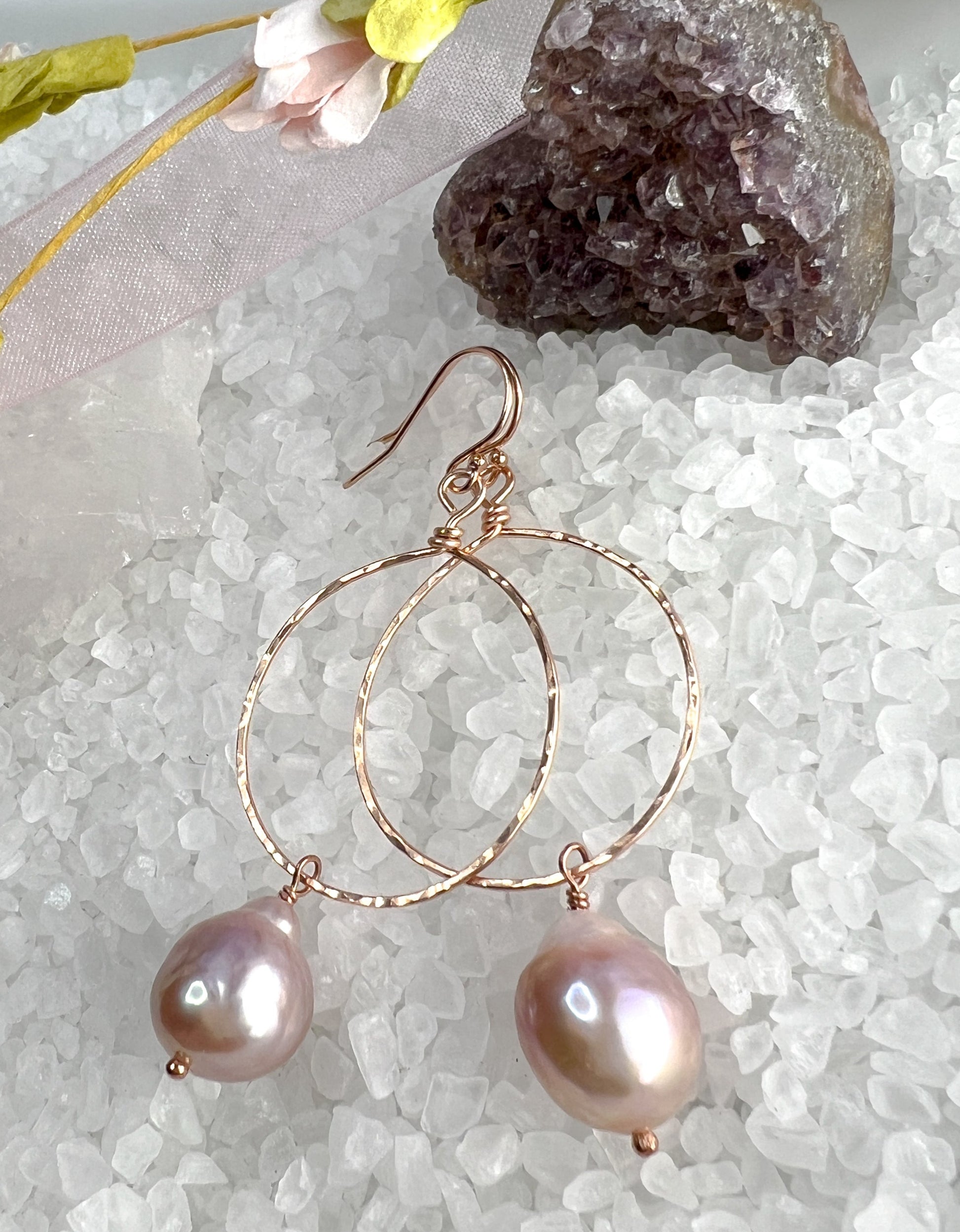 Pink Baroque Pearl & Rose Gold Hoop Earrings