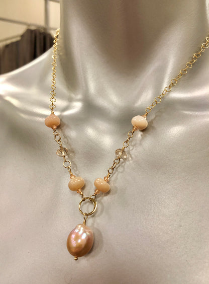 Peach Baroque Pearl and Peruvian Opal Necklace, Baroque Pearl Necklace