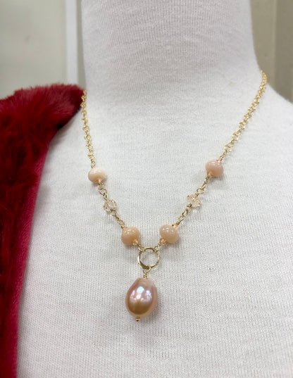 Peach Baroque Pearl and Peruvian Opal Necklace, Baroque Pearl Necklace