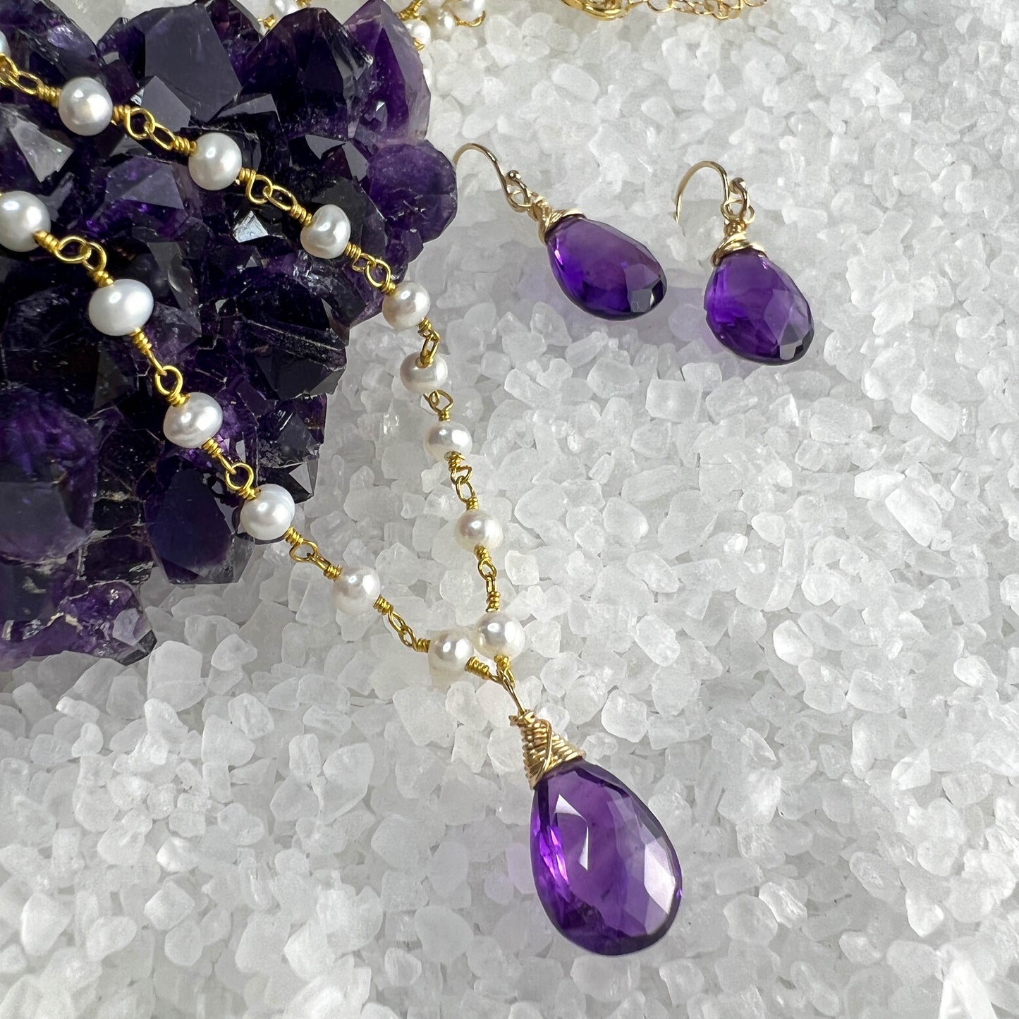 Amethyst Briolette and Pearl Necklace