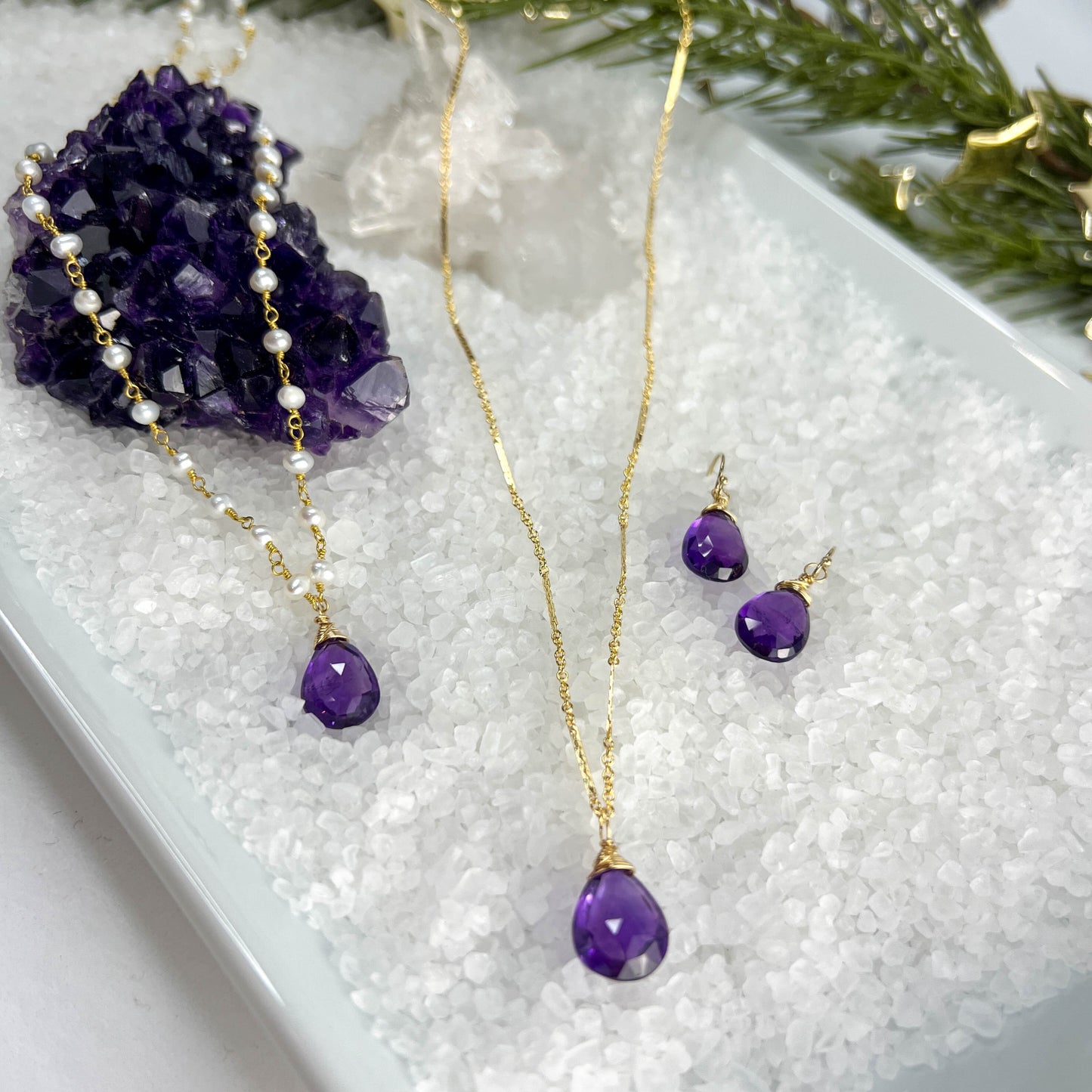 Amethyst Briolette Long Gold Necklace and Earrings