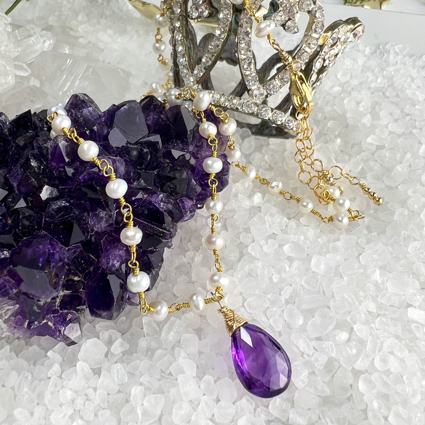 Amethyst Briolette and Pearl Necklace