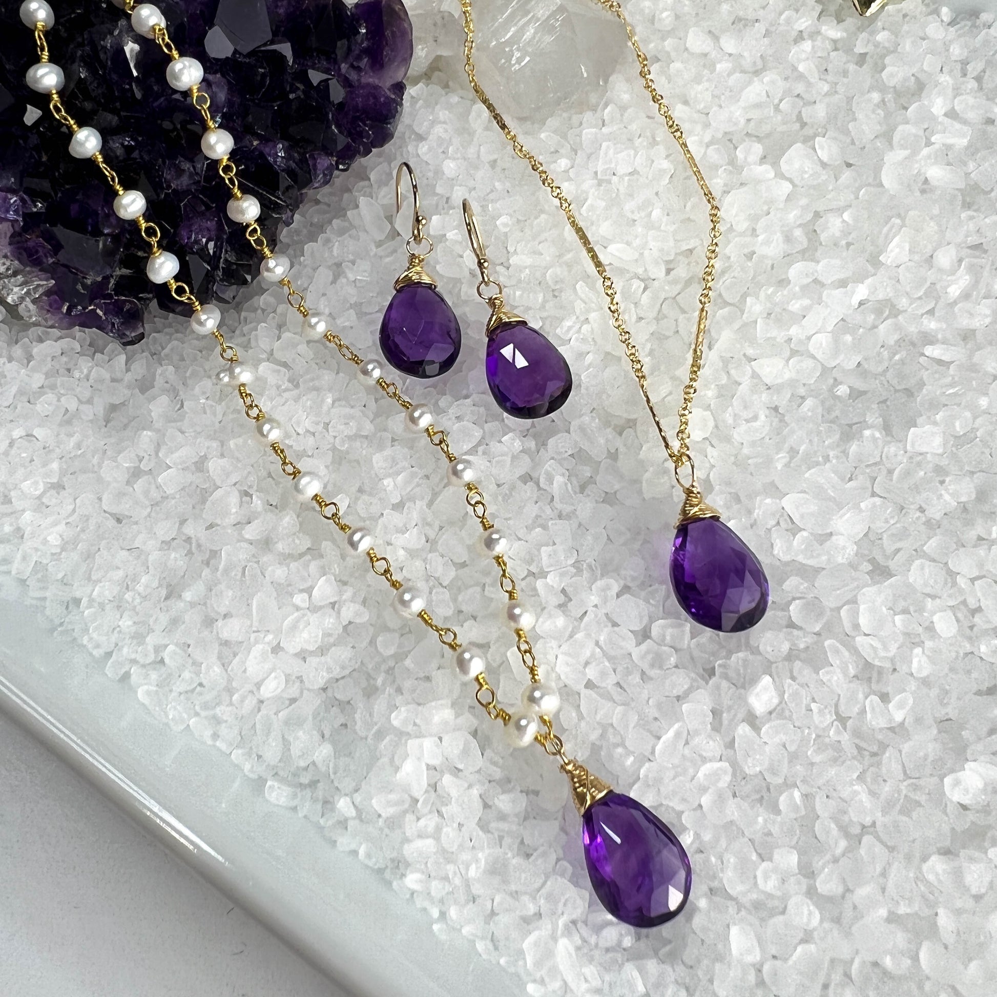 Amethyst Briolette and Pearl Necklace