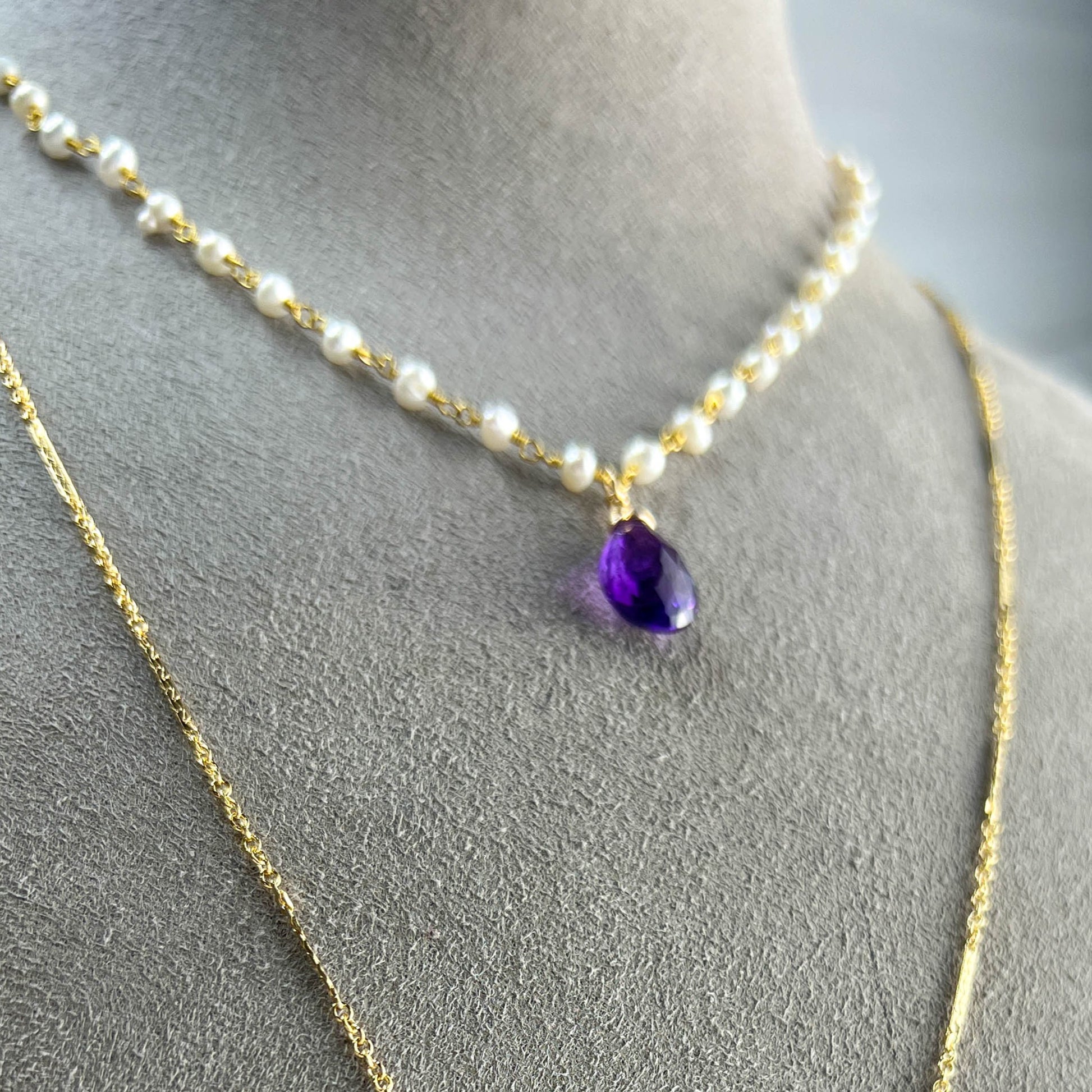 Amethyst Briolette and Pearl Necklace