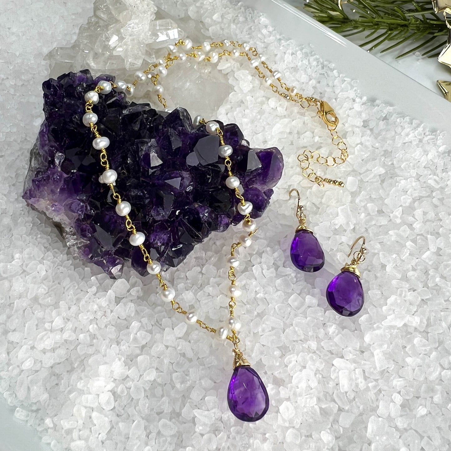 Amethyst Briolette and Pearl Necklace