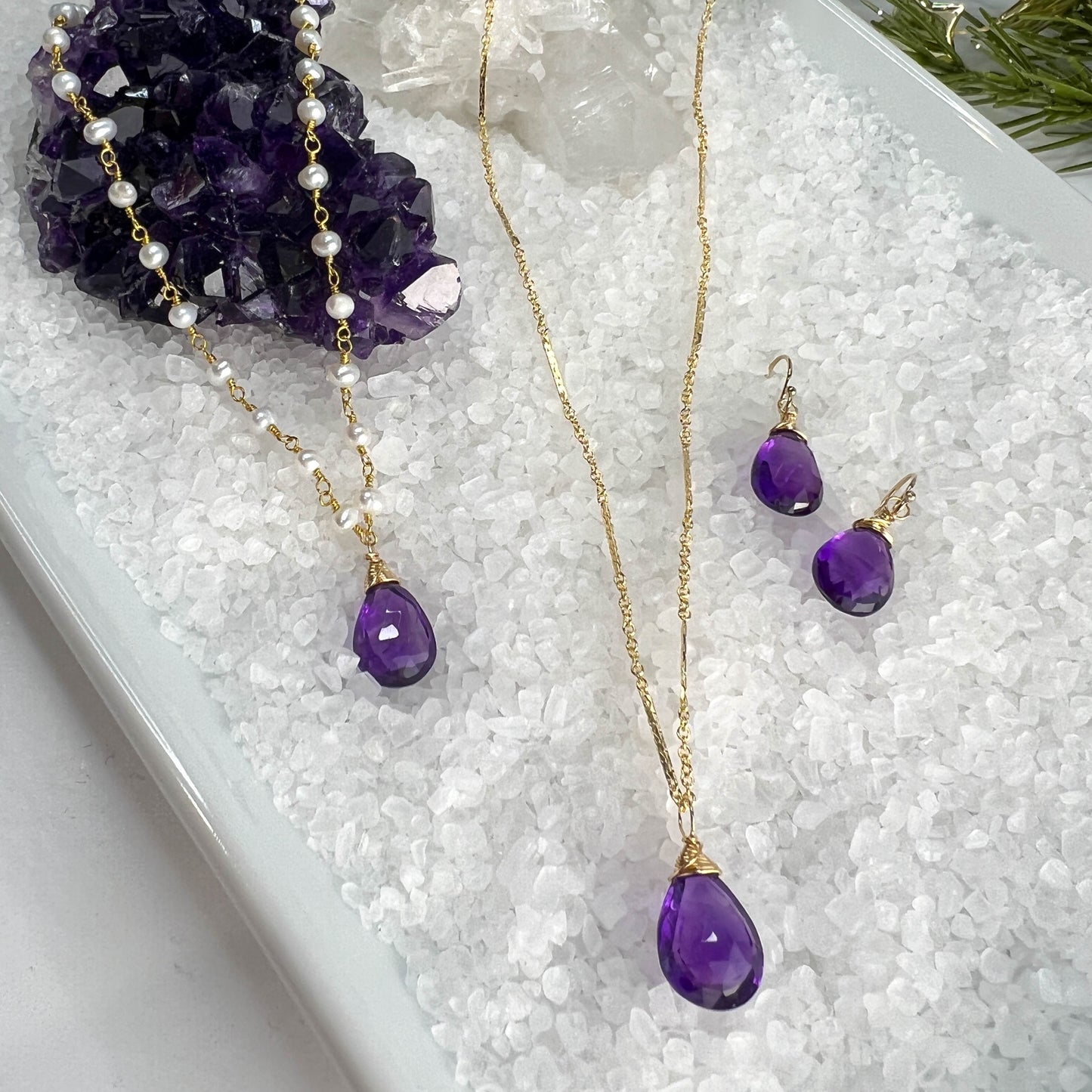 Amethyst Briolette Long Gold Necklace and Earrings