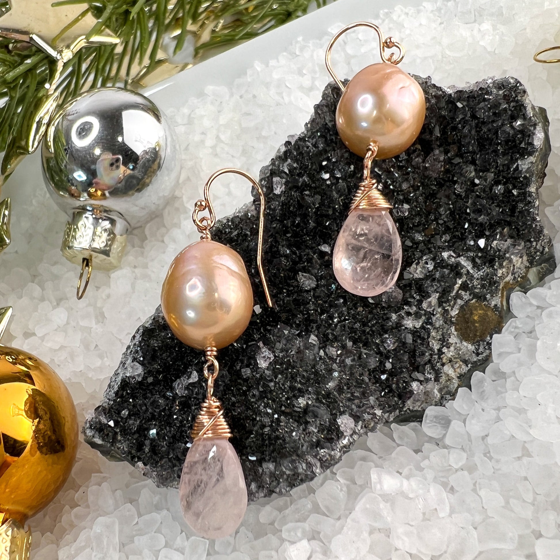 Rose Gold Baroque Pearl and Morganite Earrings