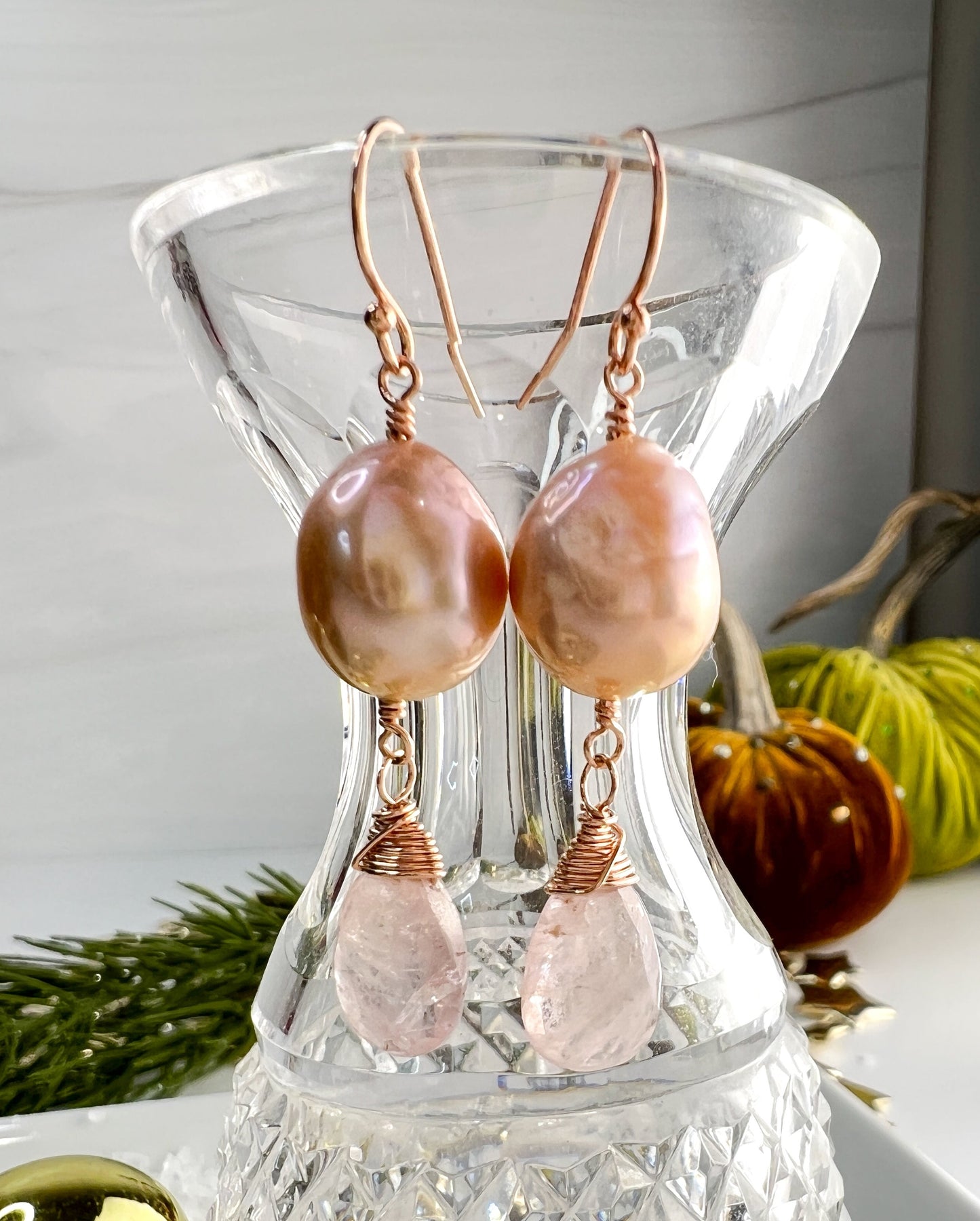Peach/Pink Baroque Pearl and Morganite Earrings