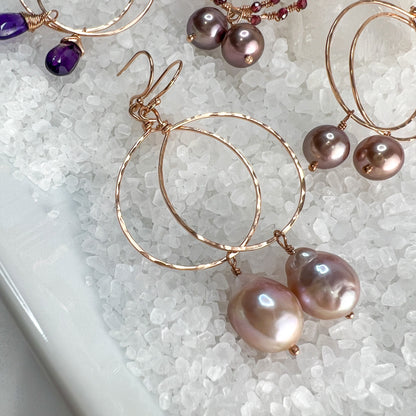 Pink Baroque Pearl & Rose Gold Hoop Earrings