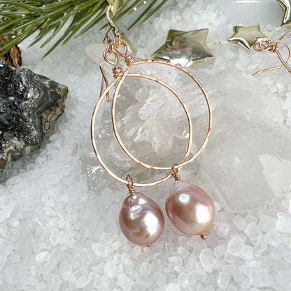 Pink Baroque Pearl & Rose Gold Hoop Earrings