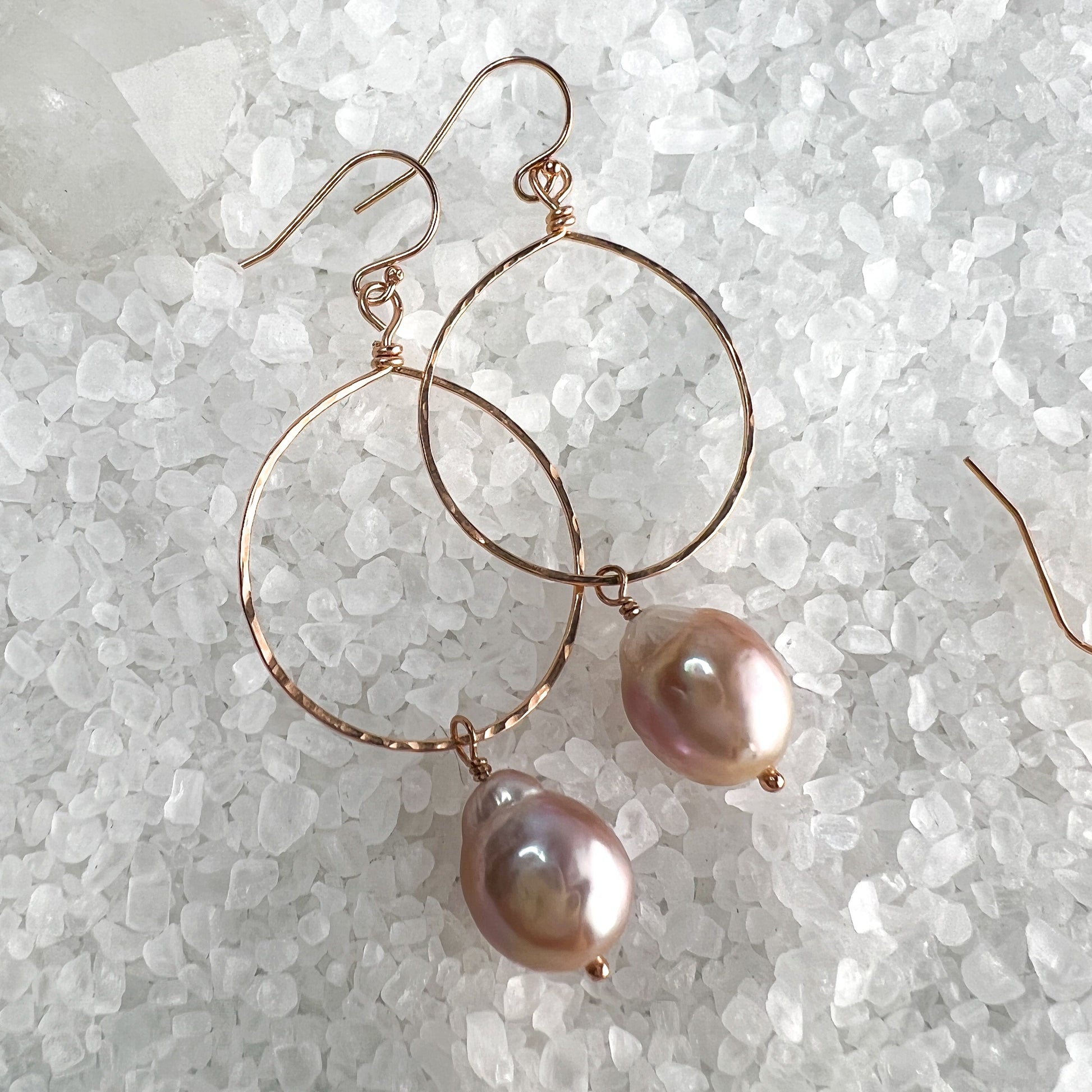 Pink Baroque Pearl & Rose Gold Hoop Earrings