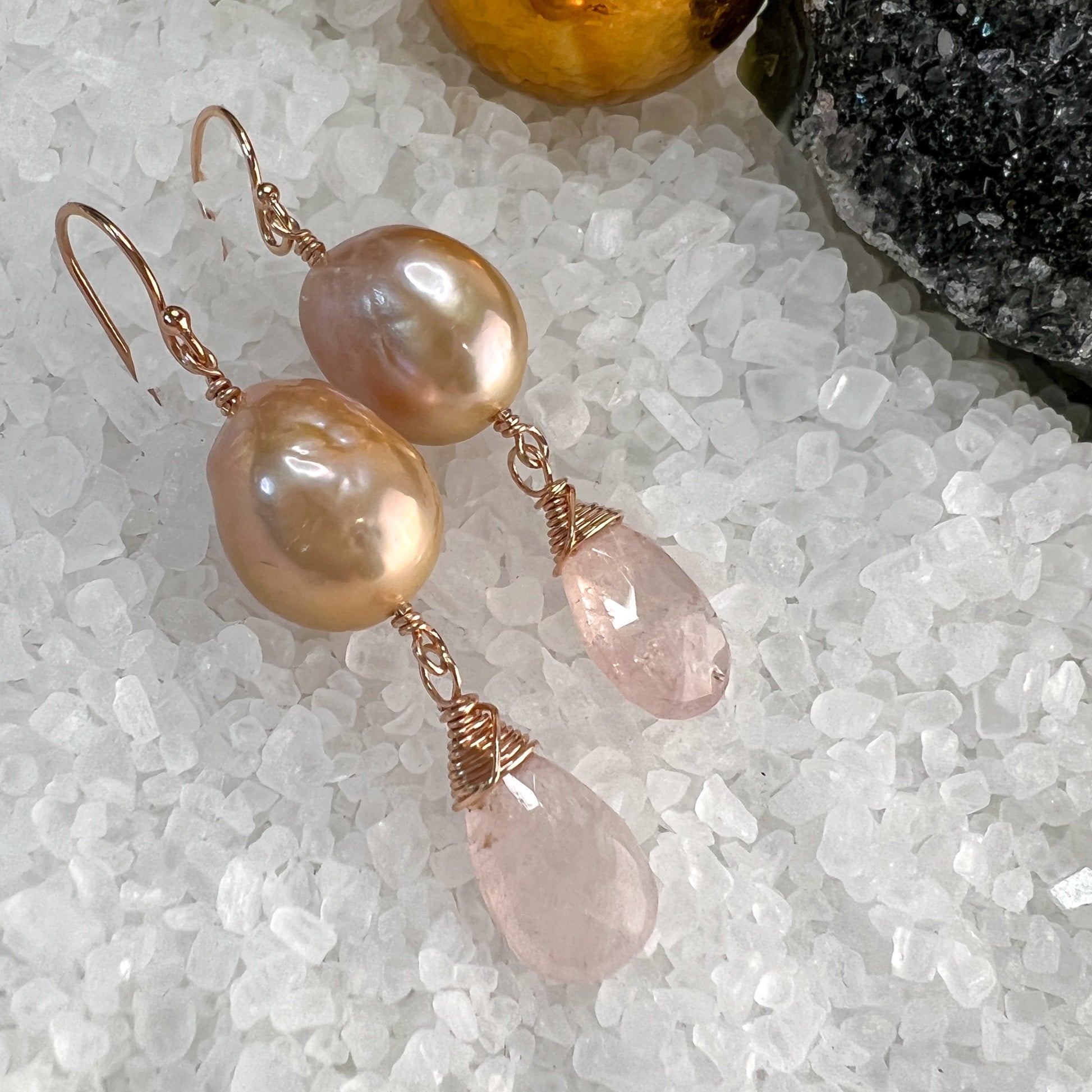 Rose Gold Baroque Pearl and Morganite Earrings