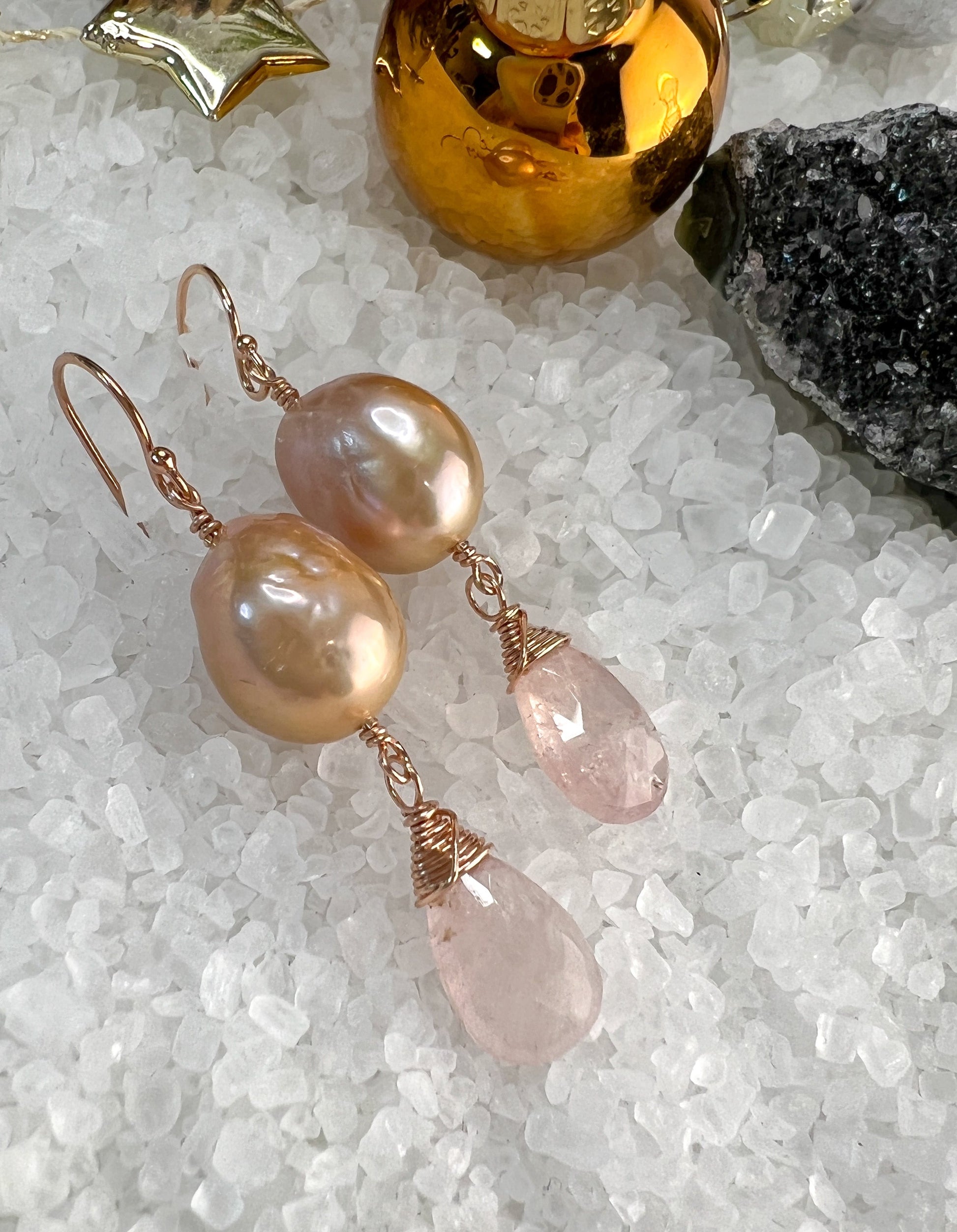 Peach/Pink Baroque Pearl and Morganite Earrings