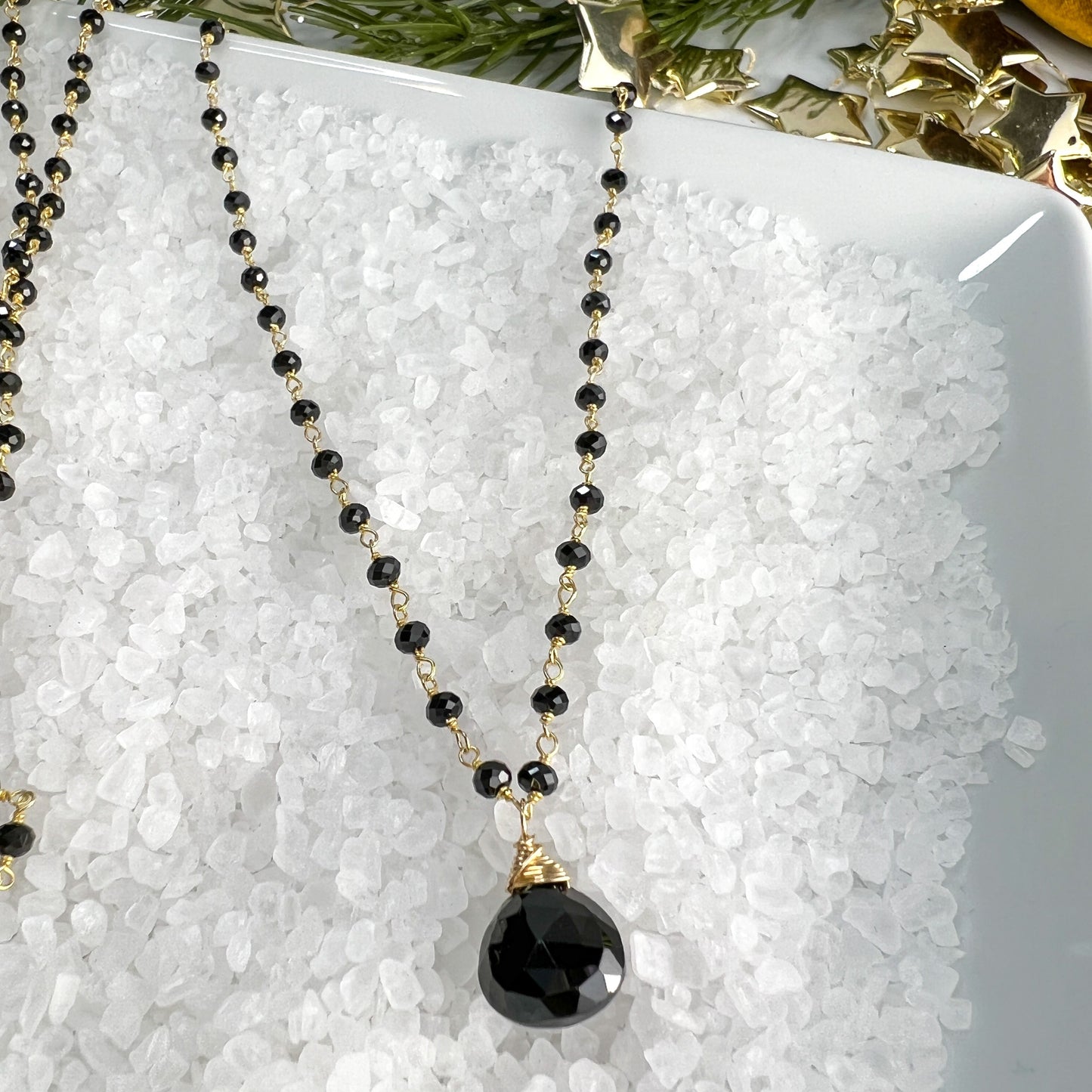 Black Spinel Pendant & Rosary Chain Necklace