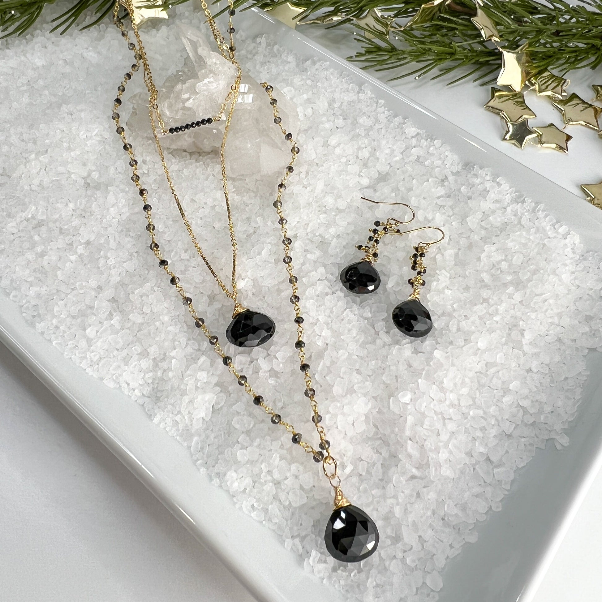 Black Spinel Fringe Dangle Earrings