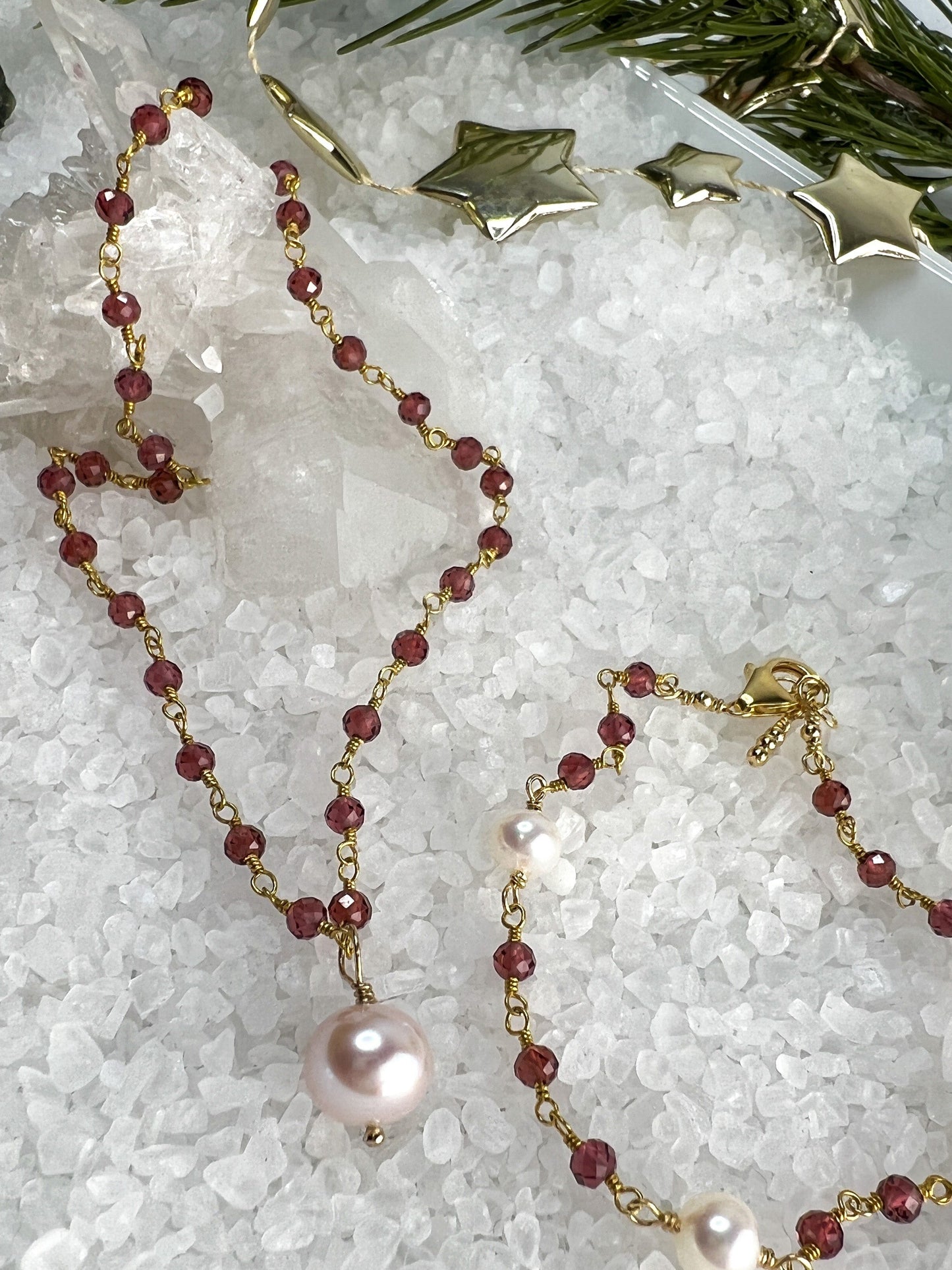 Garnet & Pearl Drop Necklace & Station Bracelet