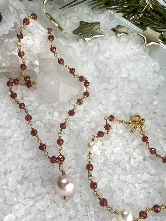 Garnet & Pearl Drop Necklace