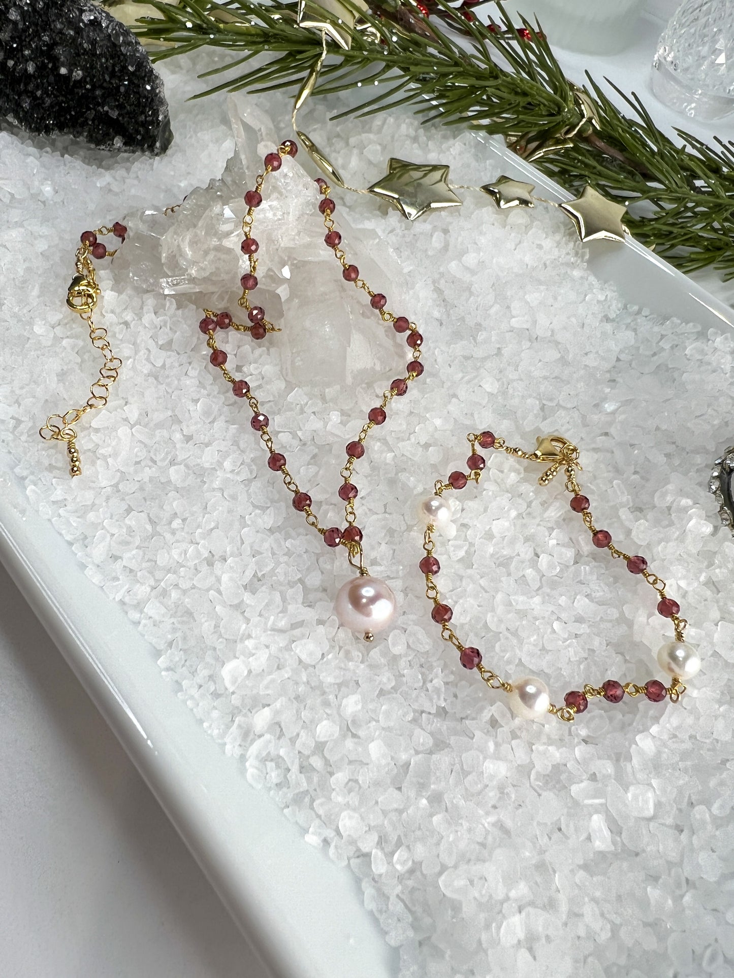 Garnet & Pearl Drop Necklace & Station Bracelet