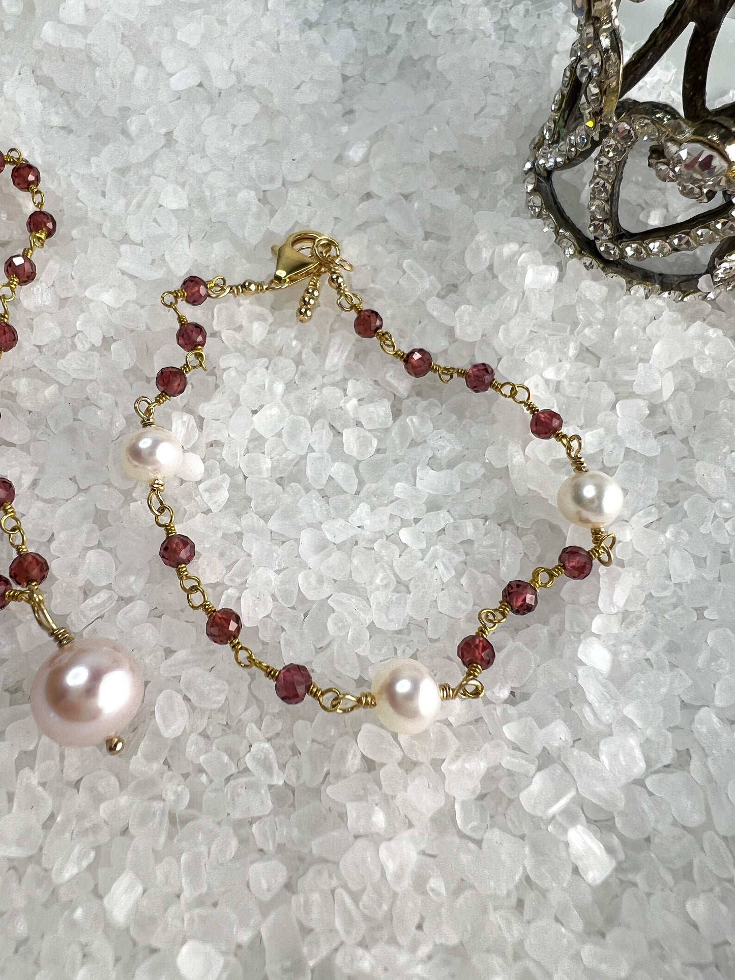 Garnet & Pearl Drop Necklace & Station Bracelet