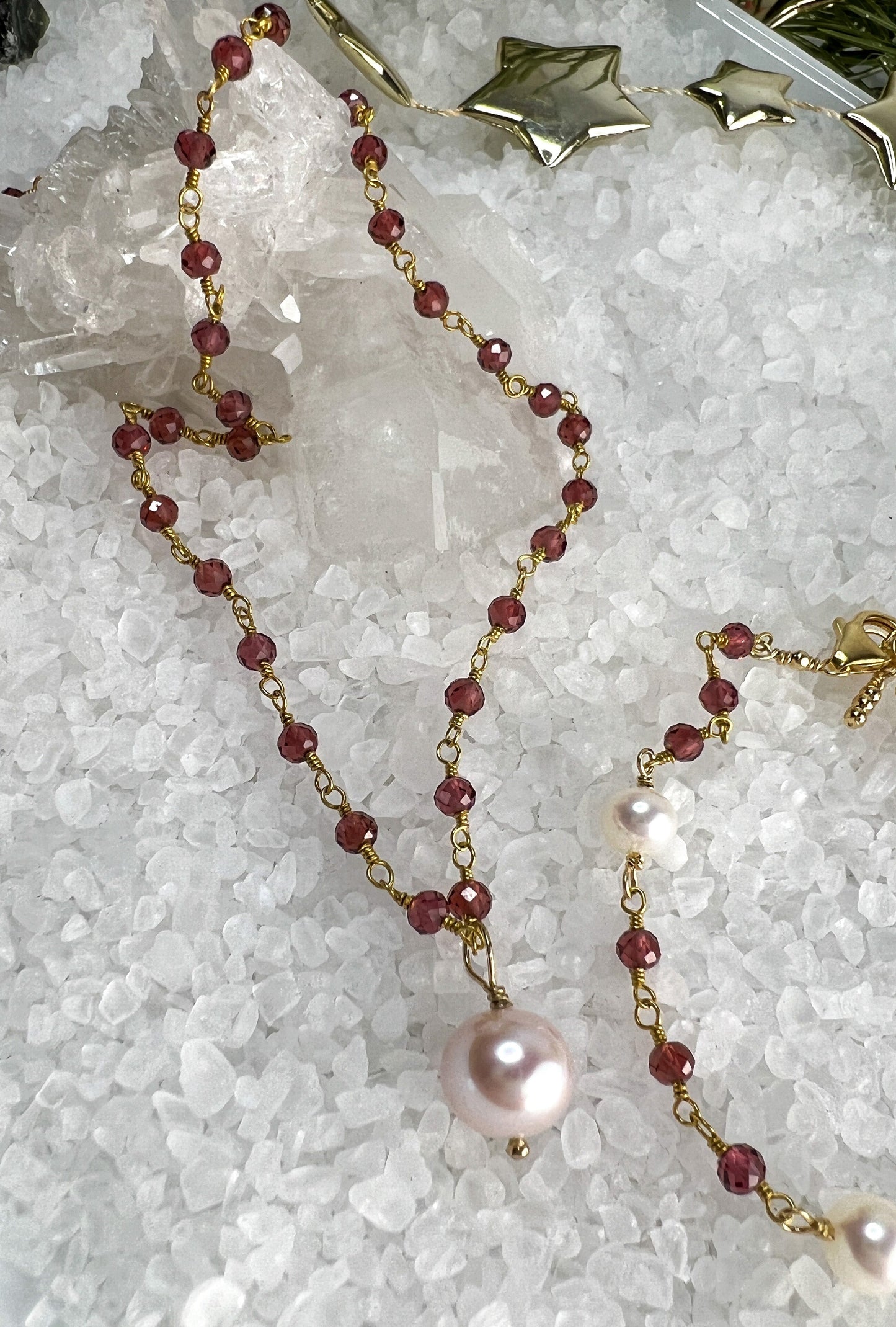 Garnet & Pearl Drop Necklace & Station Bracelet