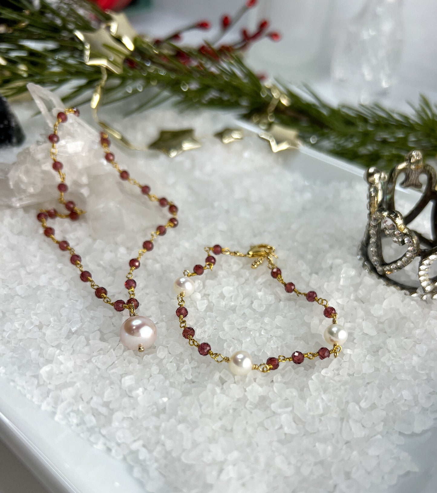 Garnet & Pearl Drop Necklace & Station Bracelet