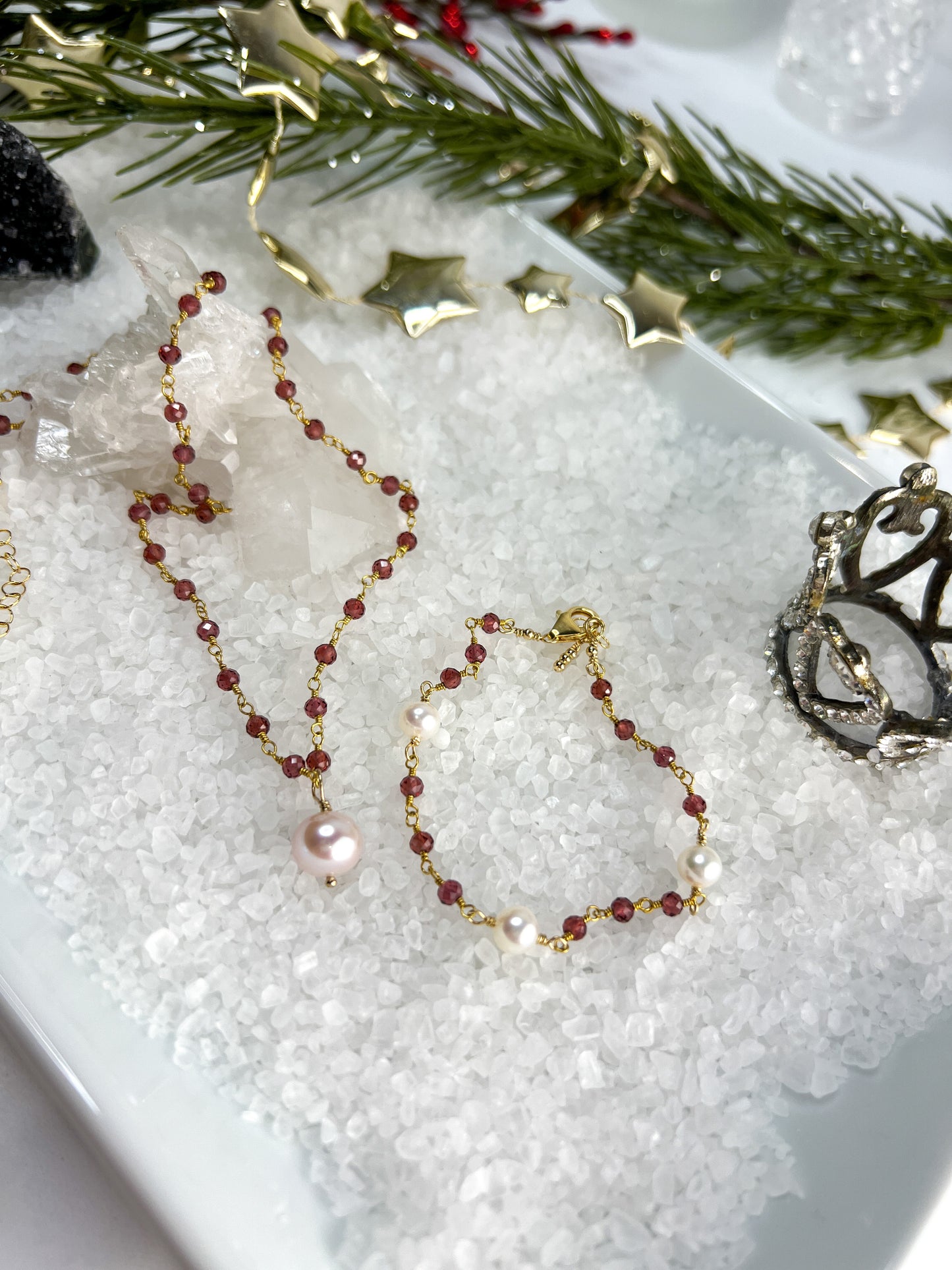 Garnet & Pearl Drop Necklace & Station Bracelet