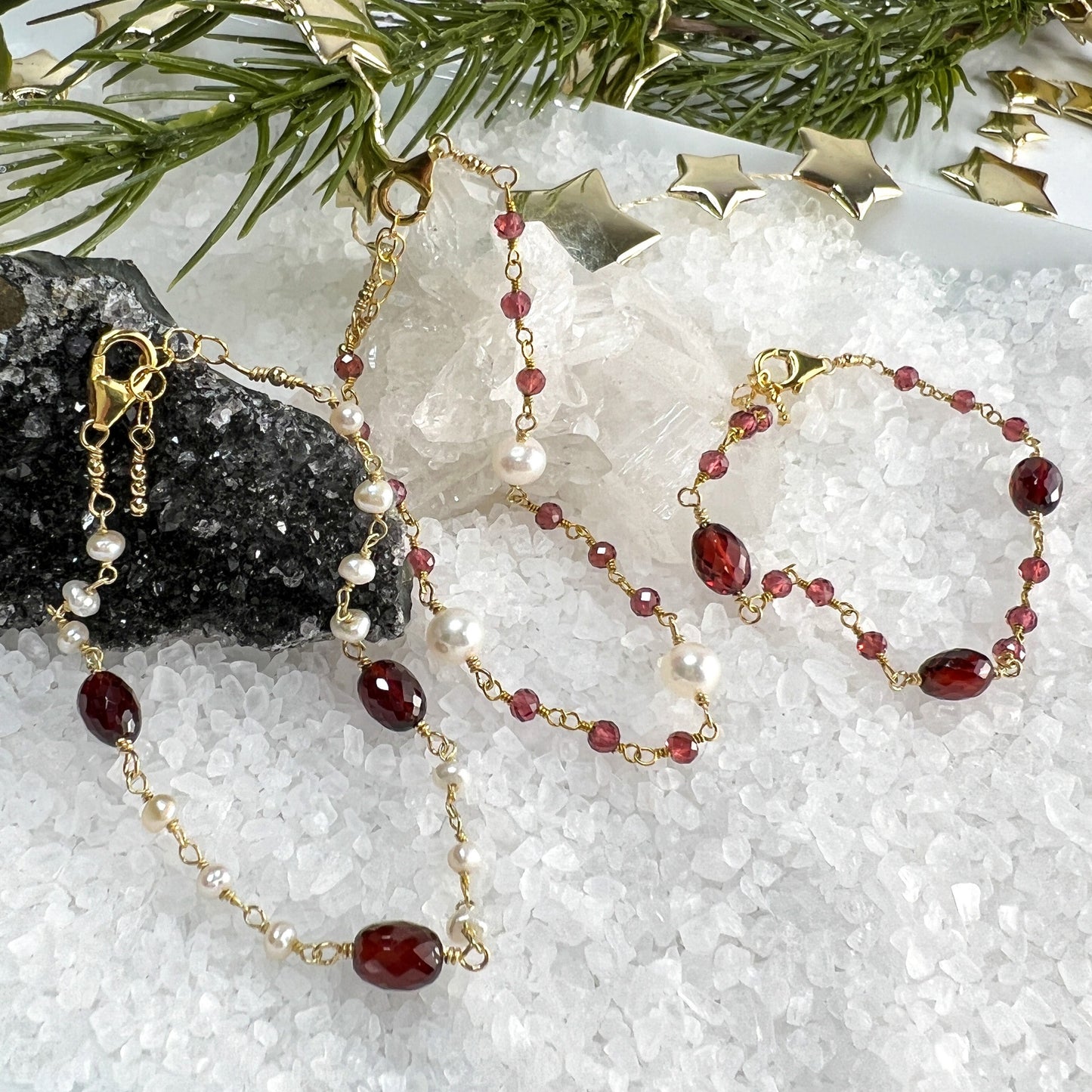 Garnet Drop Necklace & Station Bracelet