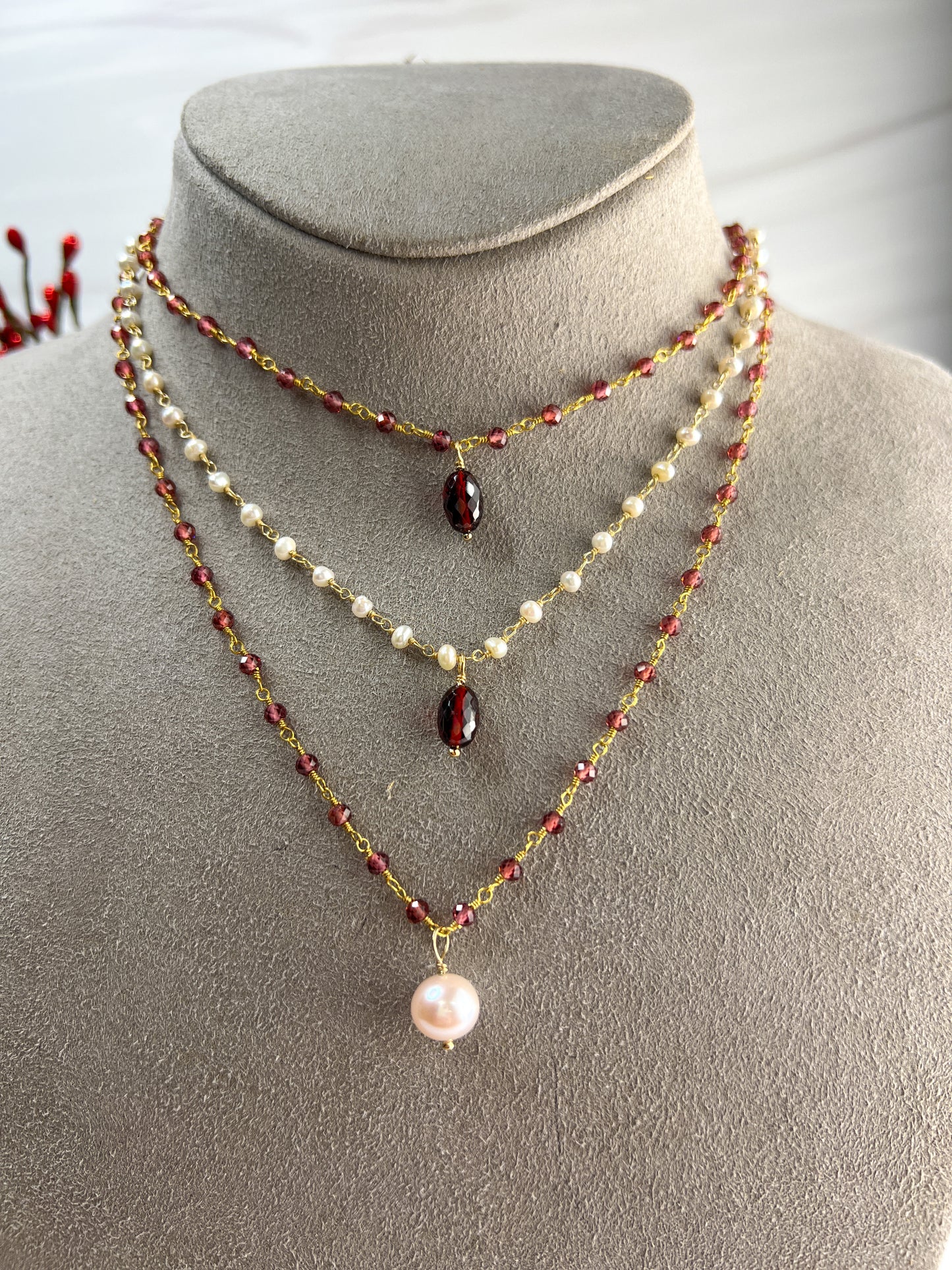 Garnet & Pearl Drop Necklace & Station Bracelet