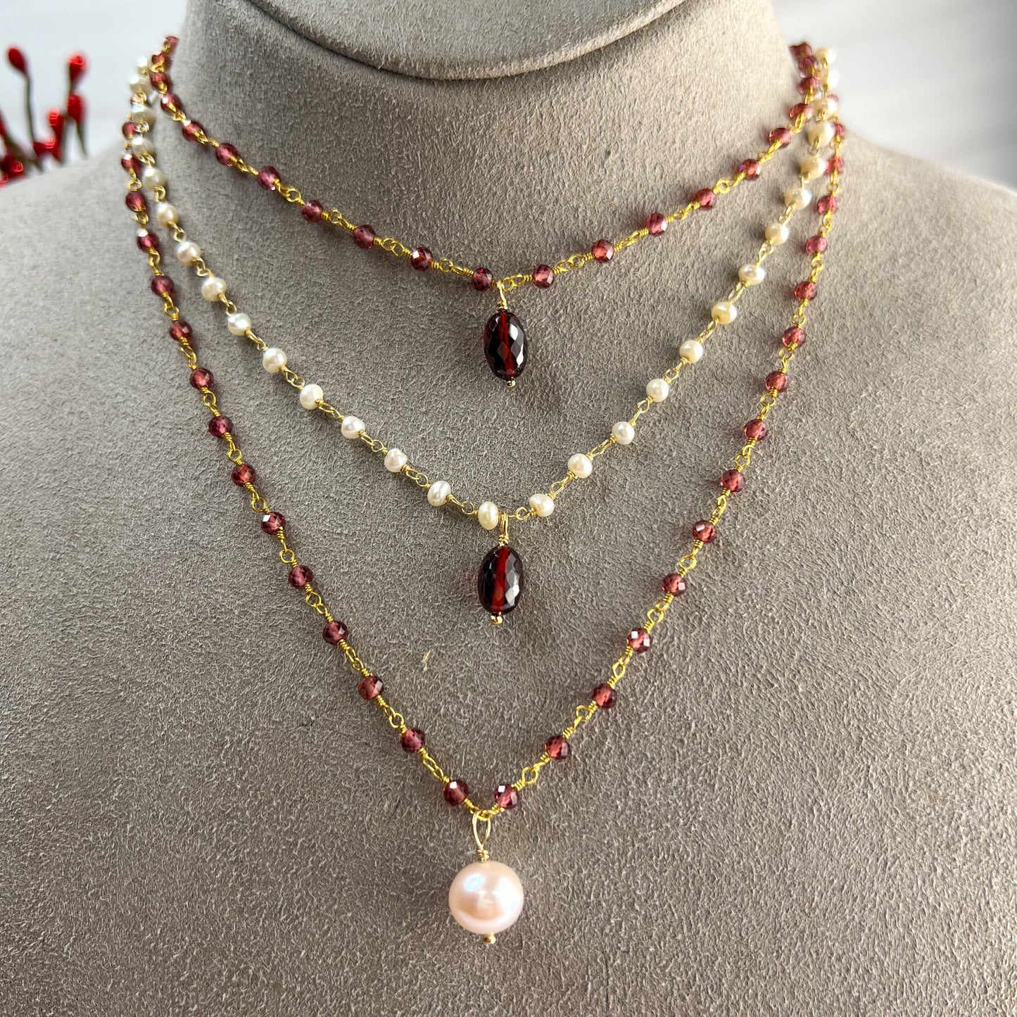 Garnet Drop Necklace & Station Bracelet