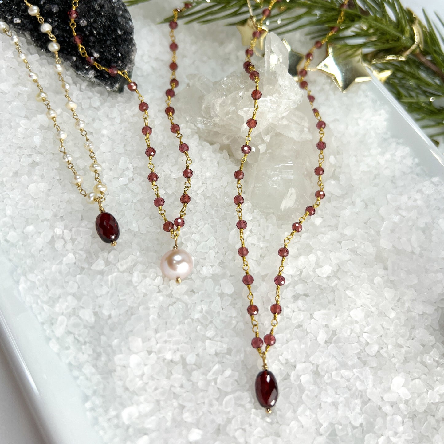 Garnet Drop Necklace & Station Bracelet