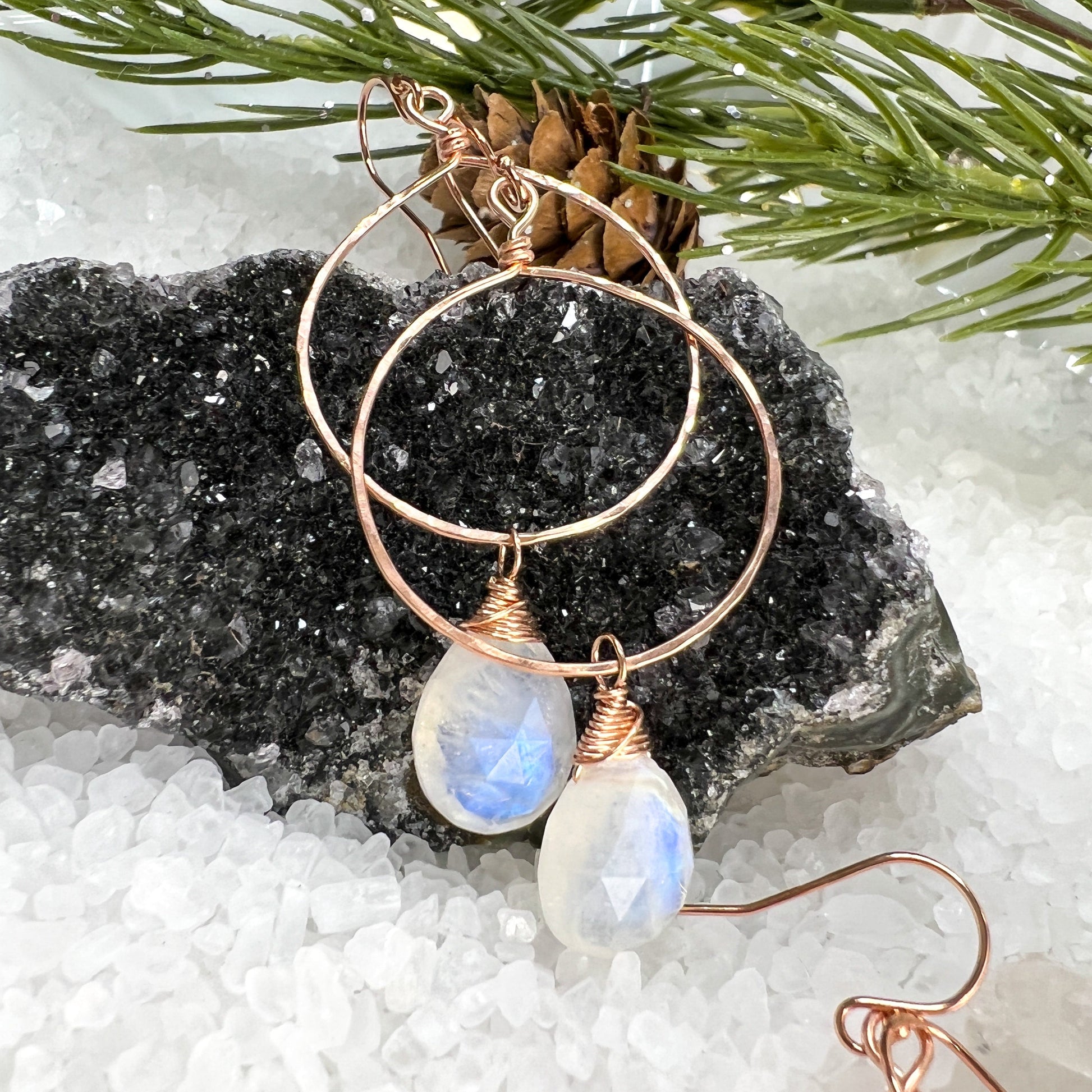 Rainbow Moonstone Hammered Hoop Earrings