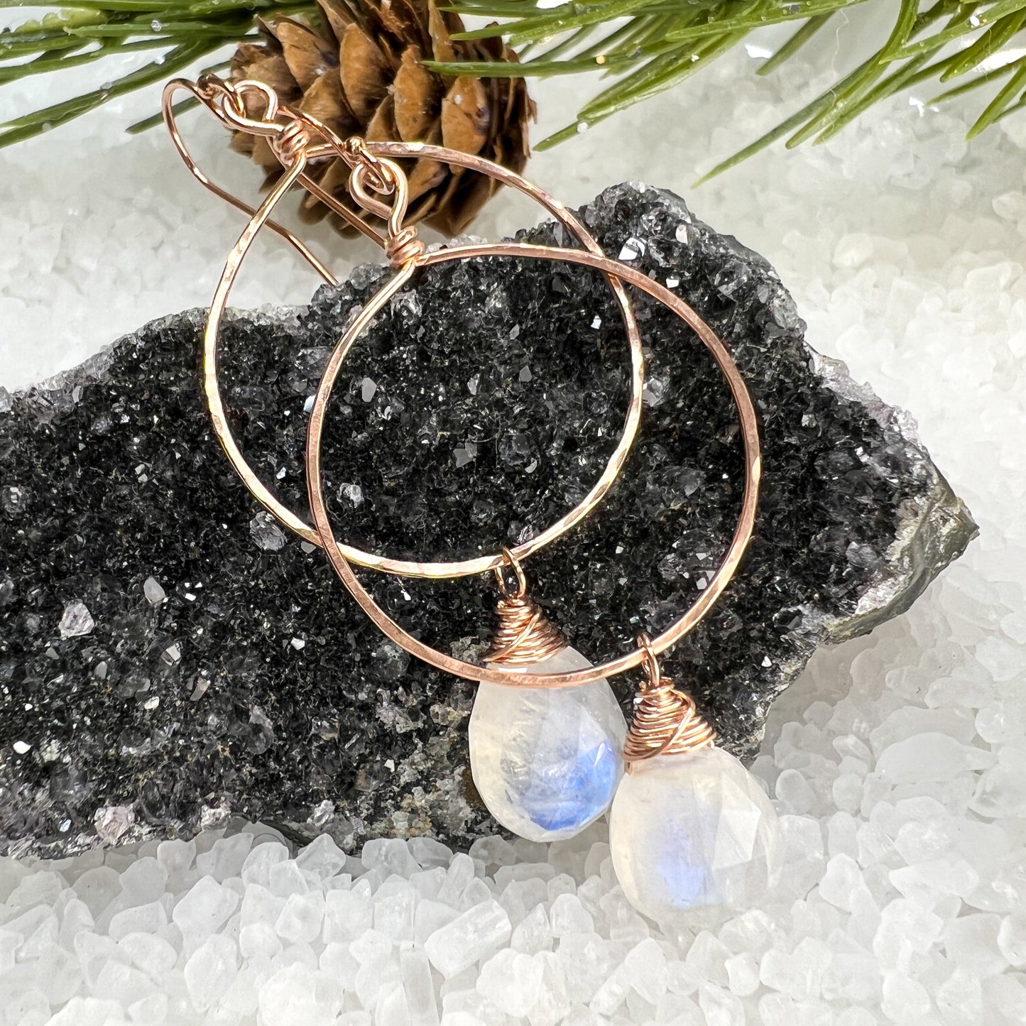 Rainbow Moonstone Hammered Hoop Earrings