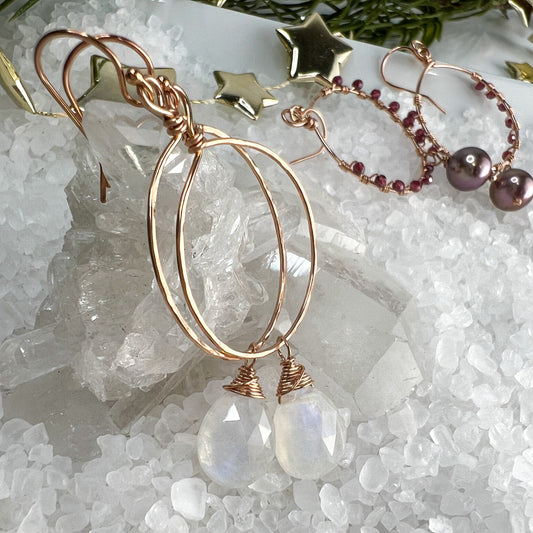 Rainbow Moonstone Hammered Hoop Earrings